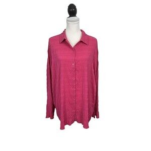 New Merokeety Blouse Size XL Bright Hot Pink Button Down  3/4 Sleeves Pleat NWT